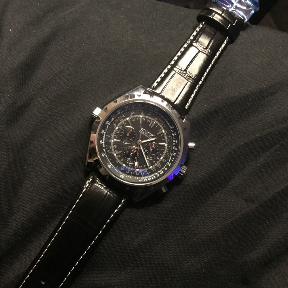 New Black Aviation Leather Strap Automatic Chronograph Watch